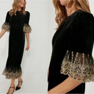 Tuckernuck Pomander Place Lillith Black Velvet Maxi Dress XXL NWT Gold Lace